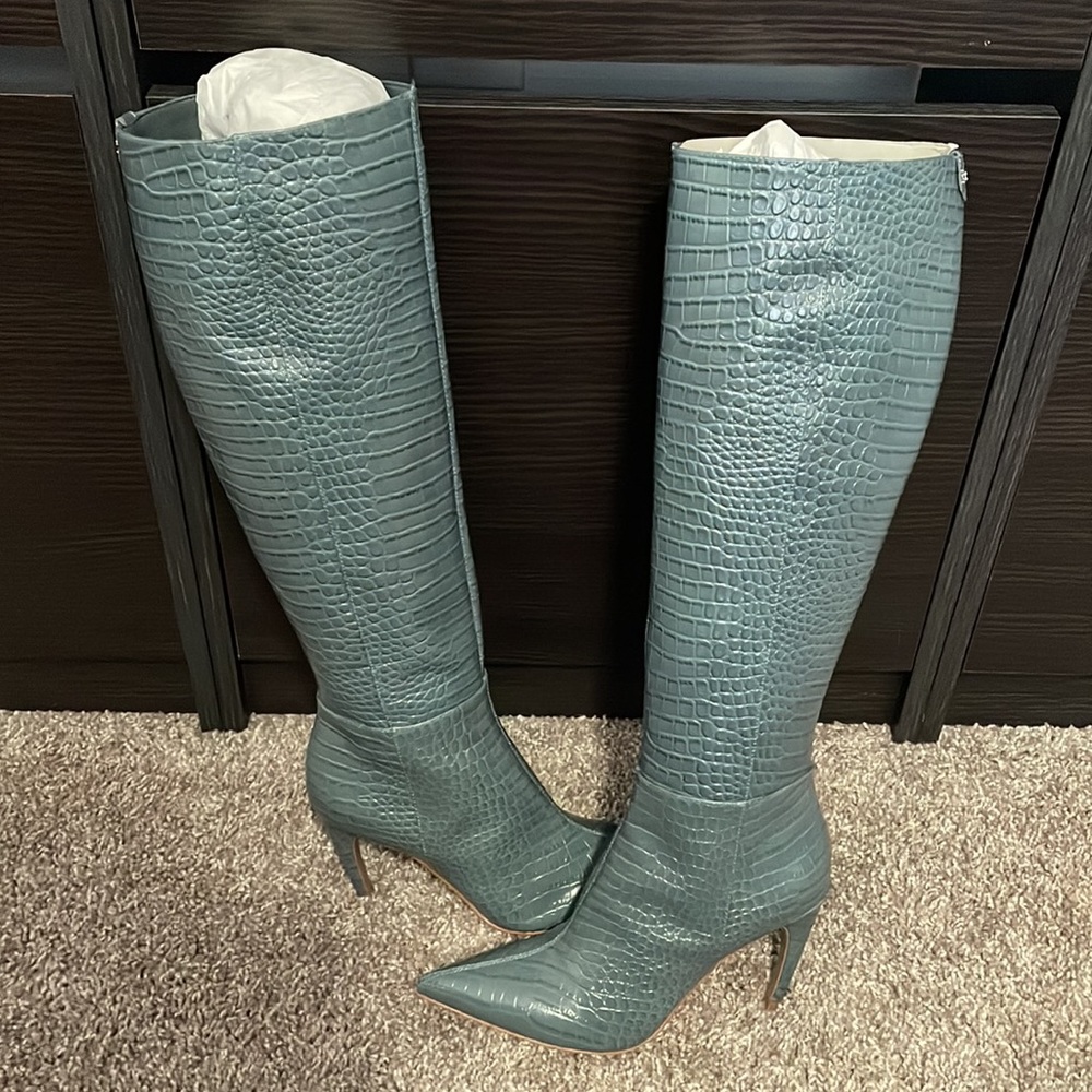 Sam Edelman Fraya Croc Knee High Heeled Boots - Picture 3 of 7